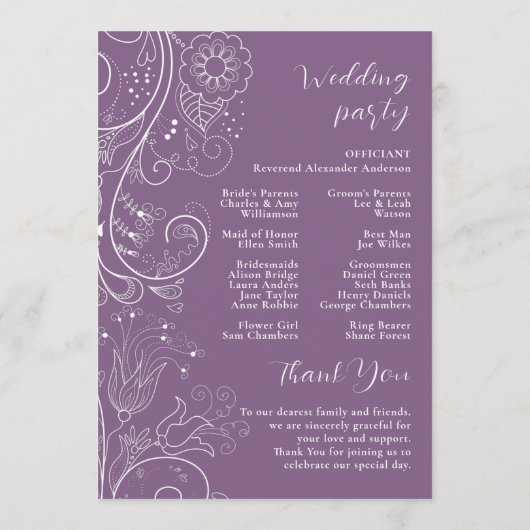 Stoffig Paarse Elegant Bloemen Trouwprogramma Programmakaart (Achterkant)