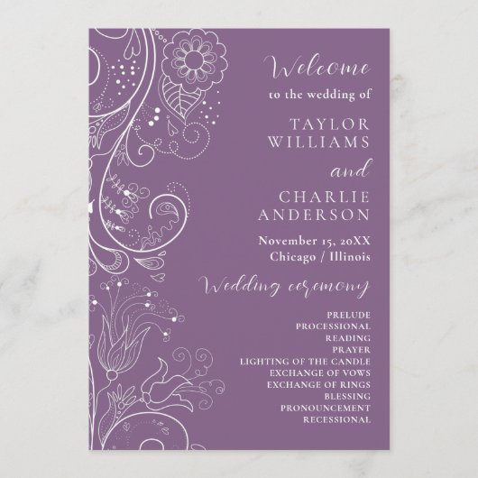 Stoffig Paarse Elegant Bloemen Trouwprogramma Programmakaart (Voorkant)