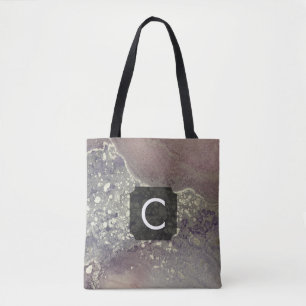 Stoffig paarse en zilveren vloeibare kunstmonogram tote bag