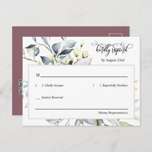 Stoffig Paarse groene bladeren QR Code Adres RSVP Briefkaart (Voorkant / Achterkant)