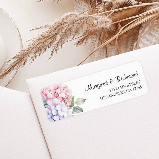 Stoffig Paarse & Roze Hydrangea trouwadres Etiket