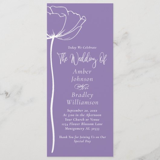 Stoffig Paarse Witte Bloemen Script Eenvoudige bru Programmakaart (Voorkant)