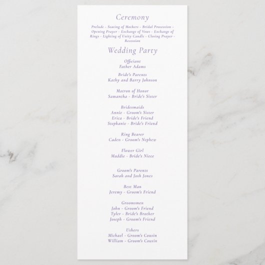 Stoffig Paarse Witte Bloemen Script Eenvoudige bru Programmakaart (Achterkant)