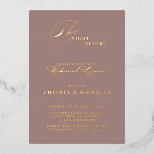 Stoffig Roos avond voor repetitie Dinner Gold Folie Uitnodiging (Voorkant)