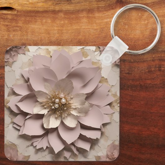 Stoffig Roos Bloemen Aluminium Vierkante Sleutelha Sleutelhanger (Achterkant)