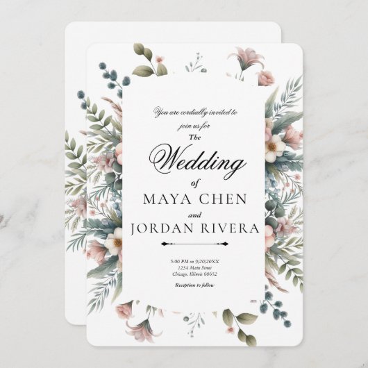 Stoffig Roos Bloemen Botanische Rand Elegant Scrip Kaart (Voorkant / Achterkant)