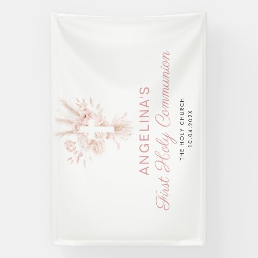 Stoffig roos Bloemen Eerste Communie Welkomstbord Spandoek (Verticaal)