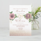 Stoffig Roos Bloemen & Goud Huwelijksuitnodiging Kaart (Staand voorkant)