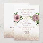 Stoffig Roos Bloemen & Goud Huwelijksuitnodiging Kaart (Voorkant / Achterkant)