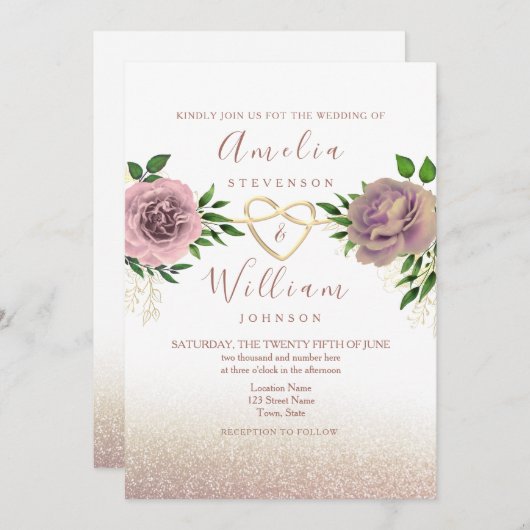 Stoffig Roos Bloemen & Goud Huwelijksuitnodiging Kaart (Voorkant / Achterkant)