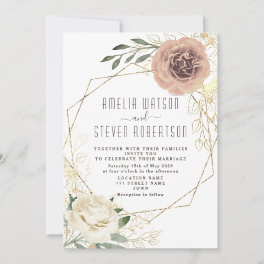 Stoffig Roos Bloemen Greenery bruiloft Uitnodigen Kaart (Voorkant)