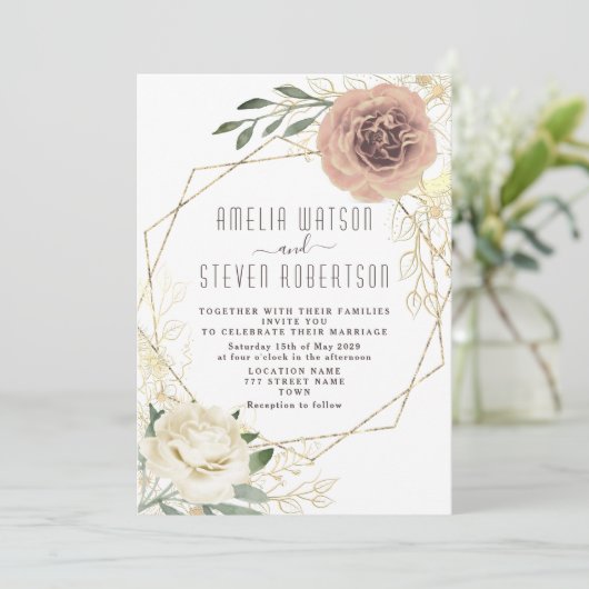 Stoffig Roos Bloemen Greenery bruiloft Uitnodigen Kaart (Staand voorkant)