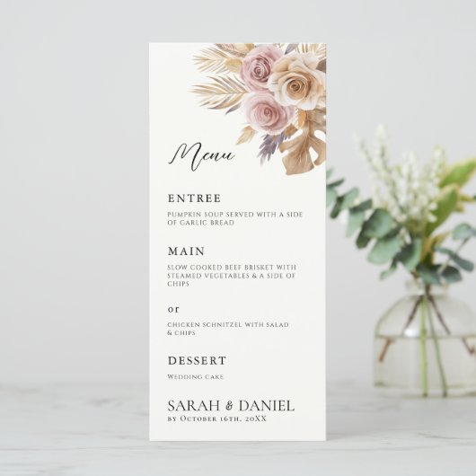 Stoffig Roos Bloemen Krans Trouwen Menu (Staand voorkant)
