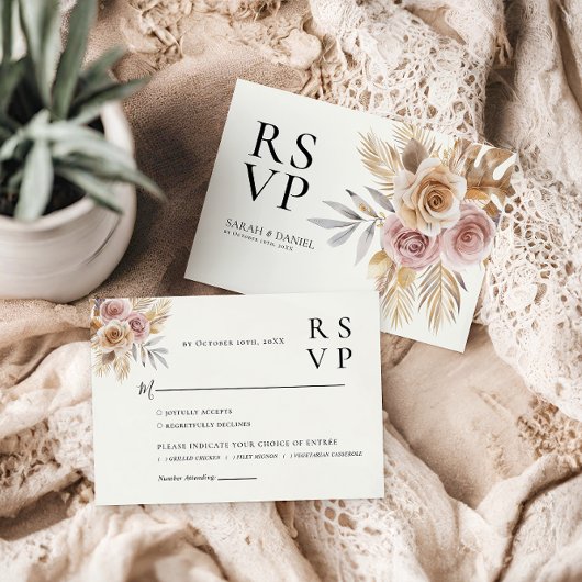 Stoffig Roos Bloemen Krans Trouwen RSVP Kaartje