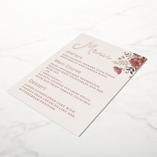 Stoffig Roos Bloemen Trouwmenu Gold Folie Menu Folie Uitnodiging (Gedraaid)