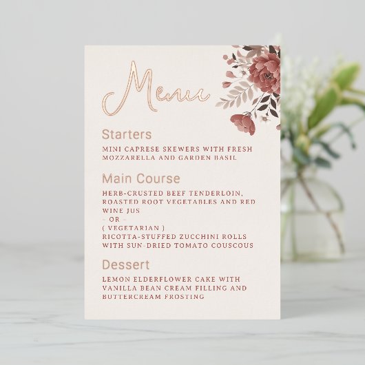 Stoffig Roos Bloemen Trouwmenu Gold Folie Menu Folie Uitnodiging (Staand Voorkant)
