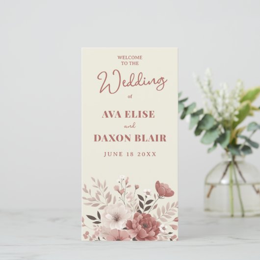 Stoffig Roos Bloemen Trouwprogramma Kaart (Staand voorkant)