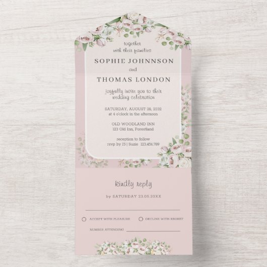 Stoffig roos bloemen waterverf bruiloft all in one uitnodiging (Binnen)