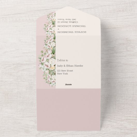 Stoffig roos bloemen waterverf bruiloft all in one uitnodiging (Buitenkant)