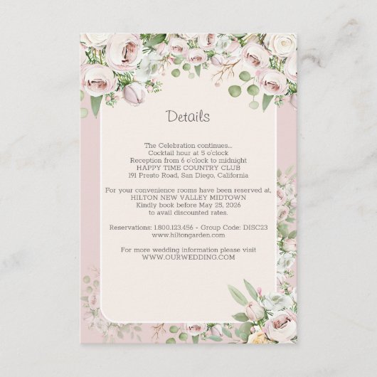 Stoffig roos bloemen waterverf bruiloft informatiekaartje (Voorkant)