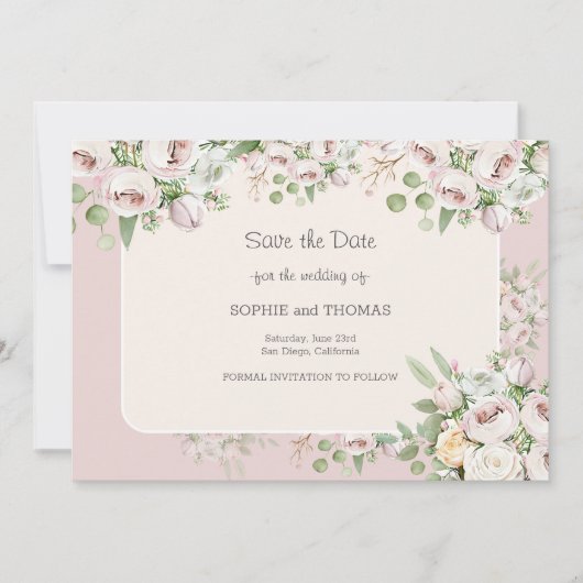 Stoffig roos bloemen waterverf bruiloft save the date (Voorkant)