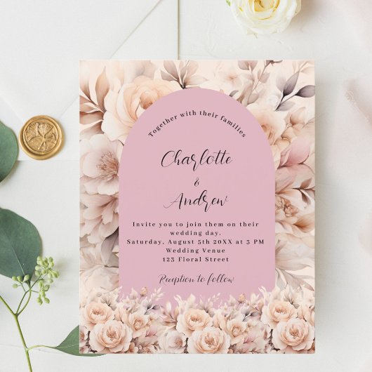 Stoffig roos bloemenboog huwelijksuitnodiging