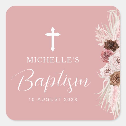 Stoffig roos Bloemenkruis doop Vierkante Sticker (Voorkant)