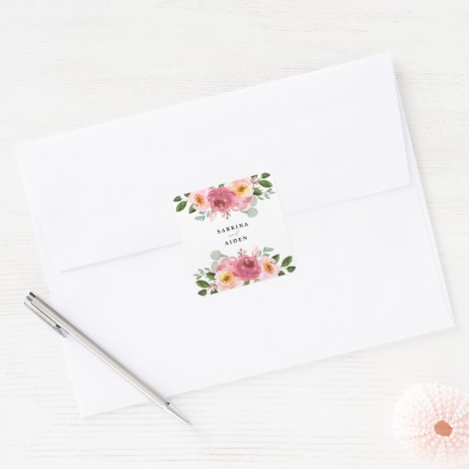 Stoffig Roos | Blush Pink Bloemen Wedding Square S Vierkante Sticker (Envelop)