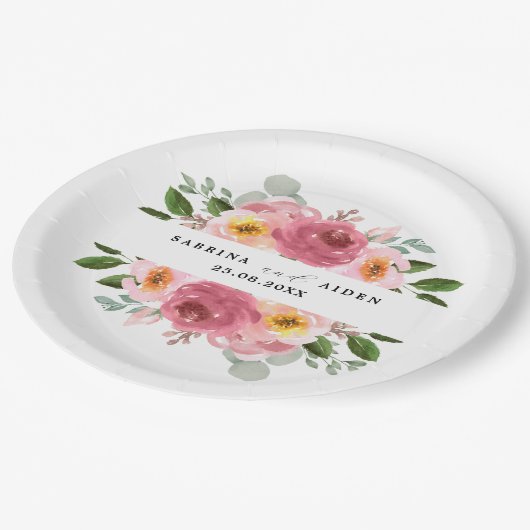 Stoffig Roos | Blush roze bloemenbruiloft Papieren Bordje (Gekanteld)