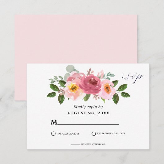 Stoffig Roos | Blush roze bloemenbruiloft RSVP Kaartje (Voorkant / Achterkant)