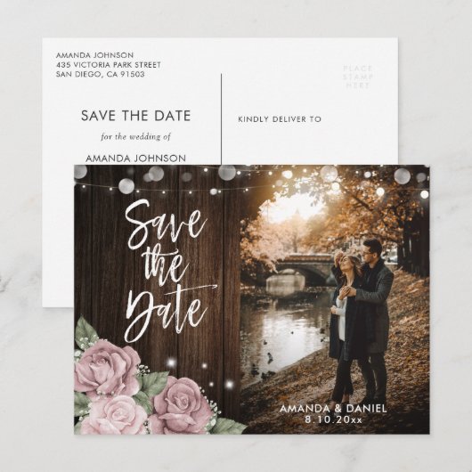 Stoffig Roos Blush Roze bruiloft foto Bewaar de da Aankondigingskaart (Voorkant / Achterkant)