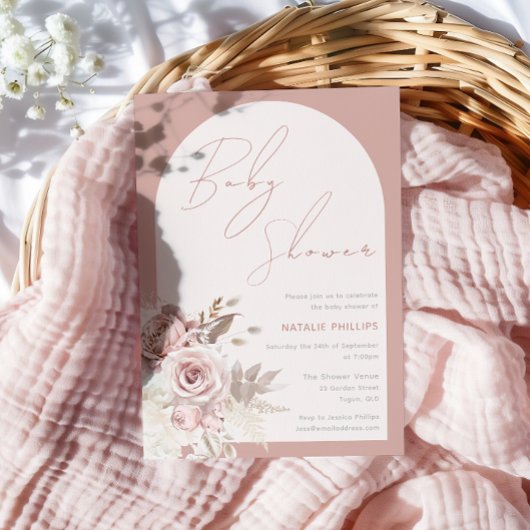 Stoffig Roos Boho Boog Blush Bloemen Baby shower Kaart