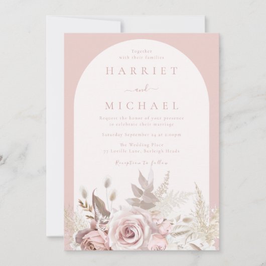 Stoffig Roos Boho Boog Blush Bloemen Huwelijk Kaart (Voorkant)