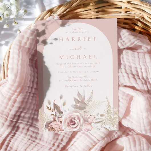 Stoffig Roos Boho Boog Blush Bloemen Huwelijk Kaart