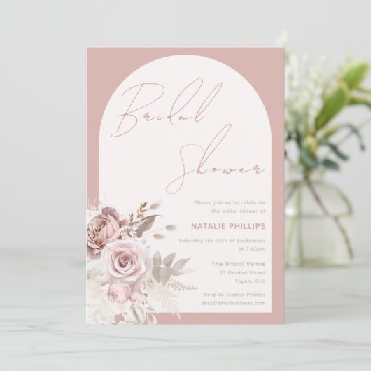 Stoffig Roos Boho Boog Blush Bloemen Vrijgezellenf Kaart (Staand voorkant)