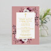 Stoffig Roos Boho Floral Eerste Heilige Communie G Folie Uitnodiging (Staand Voorkant)