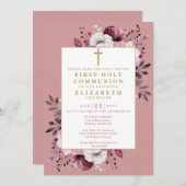 Stoffig Roos Boho Floral Eerste Heilige Communie Save The Date (Voorkant / Achterkant)