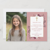 Stoffig Roos Boho Floral Foto Eerste Heilige Commu Bedankkaart (Voorkant)