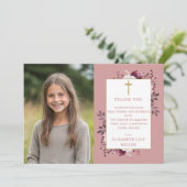Stoffig Roos Boho Floral Foto Eerste Heilige Commu Bedankkaart (Staand voorkant)