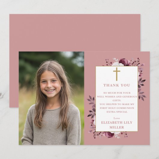 Stoffig Roos Boho Floral Foto Eerste Heilige Commu Bedankkaart (Voorkant / Achterkant)