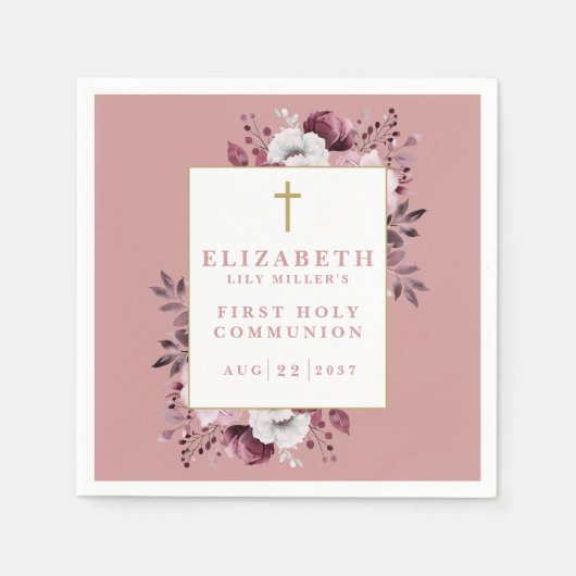 Stoffig Roos Boho Floral Modern Eerste Heilige Com Servet (Voorkant)