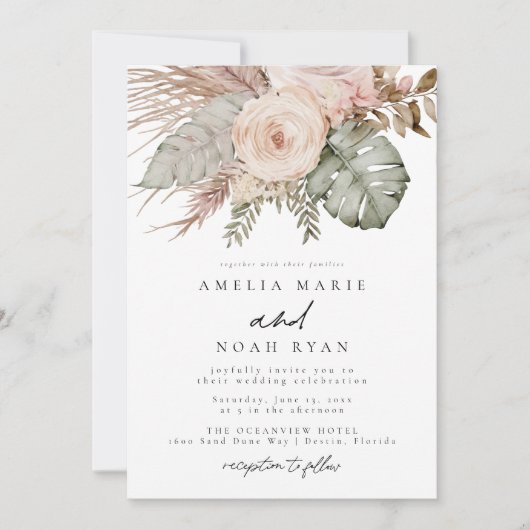 Stoffig Roos Boho Pampas Grass Wedding Invitation Kaart (Voorkant)