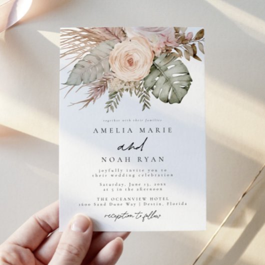 Stoffig Roos Boho Pampas Grass Wedding Invitation Kaart