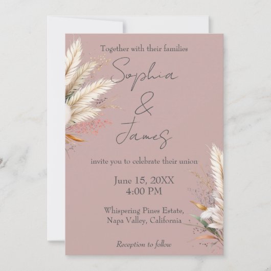 Stoffig Roos Boho Pampas Grass Wedding Kaart (Voorkant)
