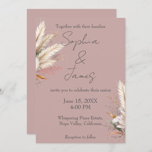 Stoffig Roos Boho Pampas Grass Wedding Kaart (Voorkant / Achterkant)