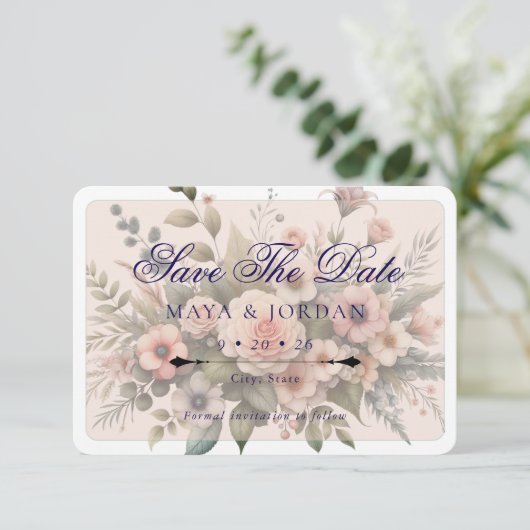 Stoffig Roos Botanisch Bewaar de datum Elegant Flo Kaart (Staand voorkant)