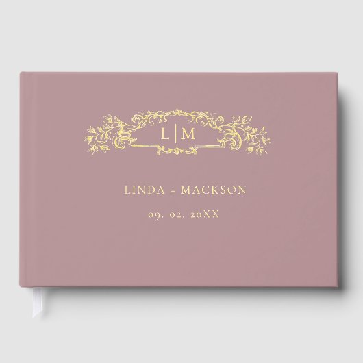 Stoffig Roos botanische kam monogram bruiloft Gastenboek (Voorkant)