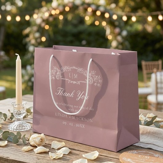 Stoffig roos botanische kam monogram bruiloft groot cadeauzakje