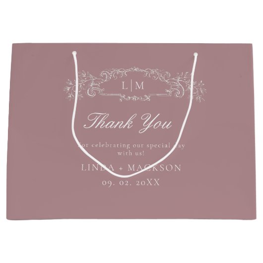 Stoffig roos botanische kam monogram bruiloft groot cadeauzakje (Voorkant)