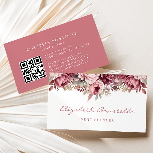 Stoffig Roos Bourgogne Waterverf Floral QR Code Visitekaartje